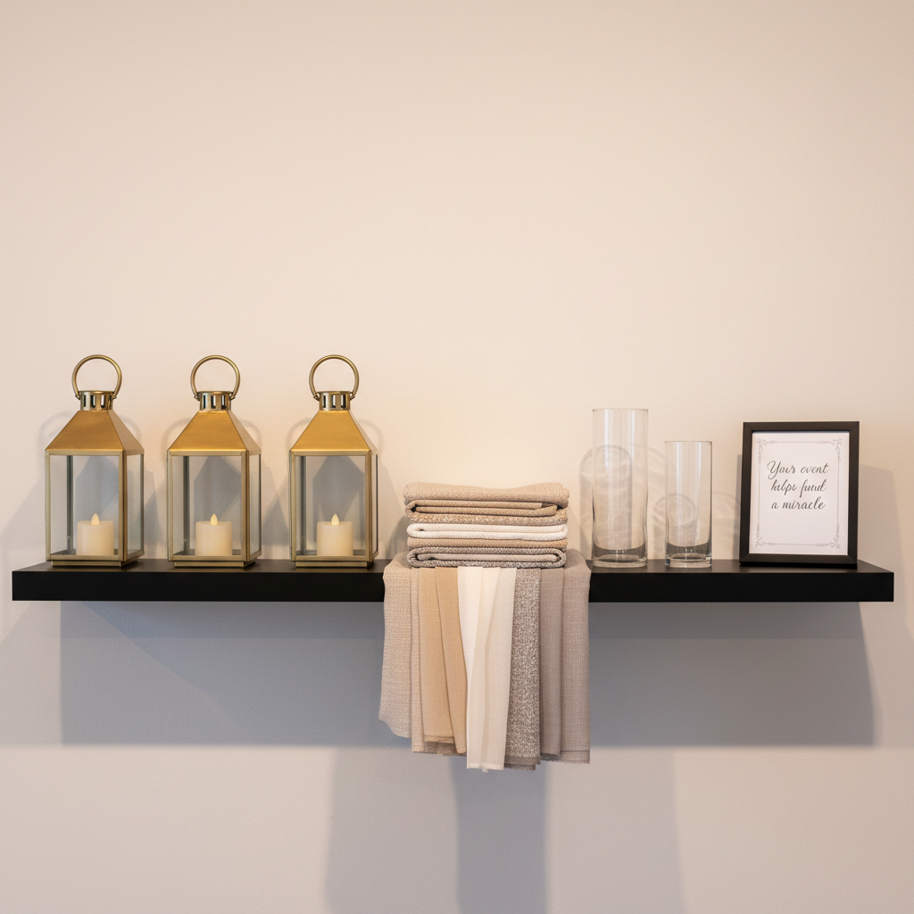 A thoughtfully arranged collection of event rental items grouped together on a matte black display shelf: a trio of brushed gold lanterns with clear glass panels, a stack of neatly folded neutral table runners in linen and chiffon, a set of clear glass cylinder vases, and a small framed printed card that reads “Your event helps fund a miracle” in elegant script. The wall behind the shelf is a soft, warm white, allowing each object’s texture and finish to stand out. Subtle, directional studio lighting from above and slightly to the right creates gentle highlights on metallic surfaces and delicate shadows beneath each item. Captured straight-on with a medium depth of field, the composition feels organized, polished, and mission-focused, rendered in clean, realistic photographic style.