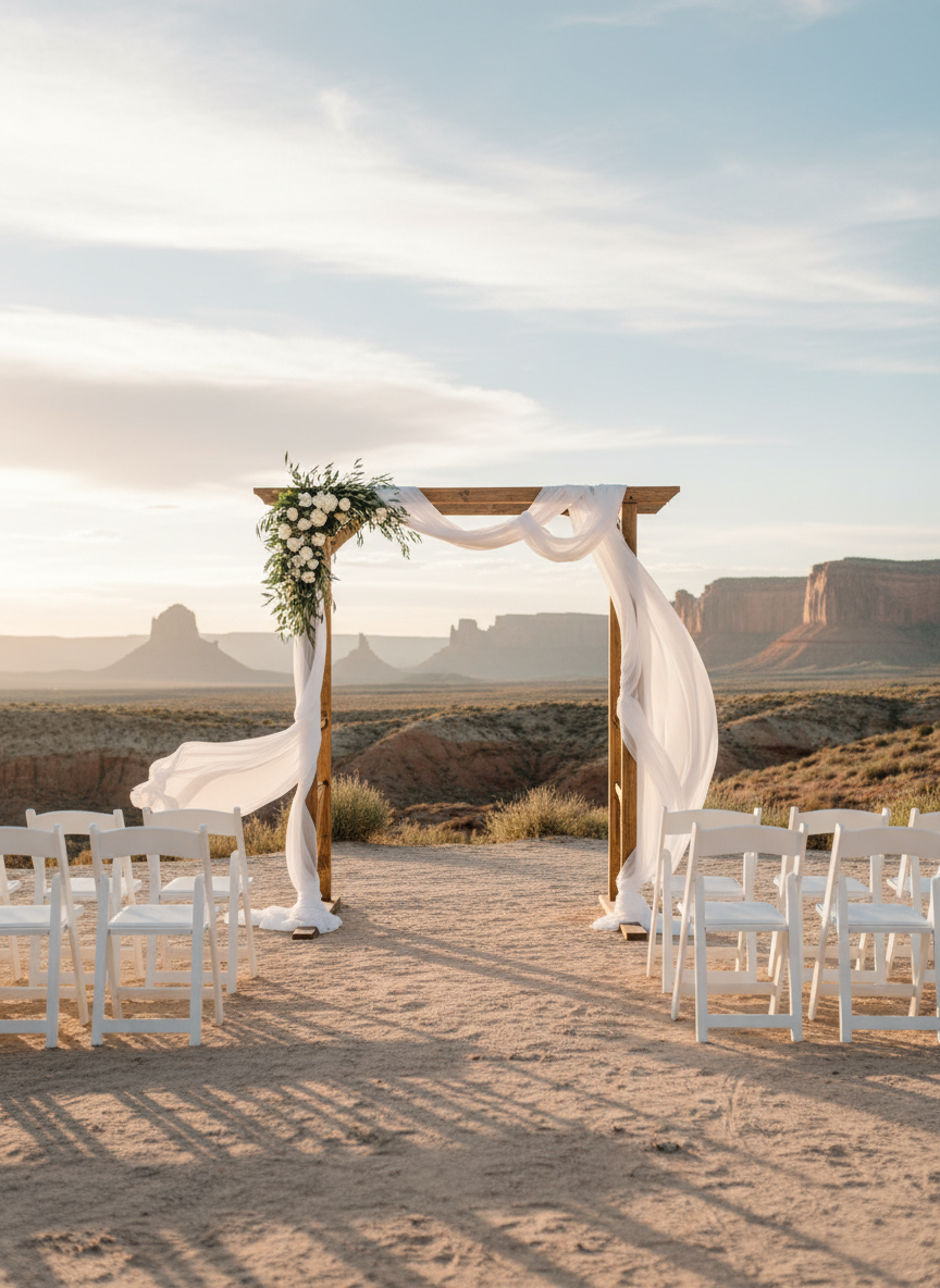 A serene outdoor ceremony setup in the high desert landscape near Albuquerque, featuring a simple wooden arch with a natural, stained finish, draped with flowing white chiffon fabric that catches a gentle breeze. Clusters of greenery and white florals are tied at each corner, while rows of white wooden chairs with clean lines face the arch on a level, sandy ground. In the distance, warm-toned mesas and a vast sky glow under late afternoon golden hour light, casting long, soft shadows and bathing the scene in a peaceful warmth. Captured from a low, slightly off-center angle with a wide lens, the composition draws the viewer toward the arch, creating an atmosphere of hope, new beginnings, and understated, realistic elegance.