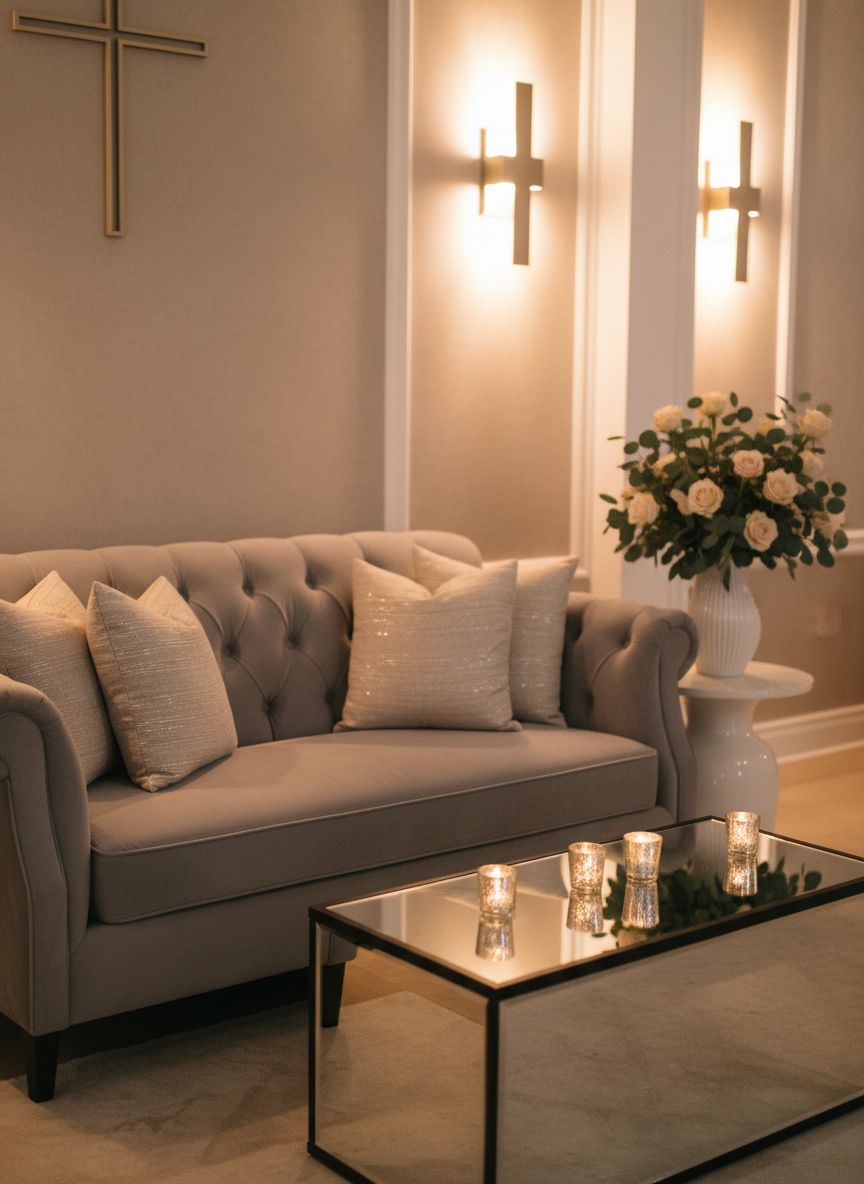 An intimate event lounge vignette featuring a plush, dove-gray velvet loveseat with tufted details, paired with a mirrored coffee table that reflects the subtle sparkle of surrounding decor. A small side table holds a simple white ceramic vase filled with fresh greenery and soft blush roses, while decorative pillows in soft linen and subtle metallic threads add texture. The setting is a softly lit corner of an event space with neutral walls and a discreet cross motif in the background decor, suggesting a faith-rooted gathering without overpowering the design. Diffused, warm ambient lighting from hidden sources creates a calm, inviting glow with delicate shadows. Photographed at eye level with a shallow depth of field, the image focuses on the seating vignette, delivering a cozy, upscale, photographic realism ideal for an event decor blog.