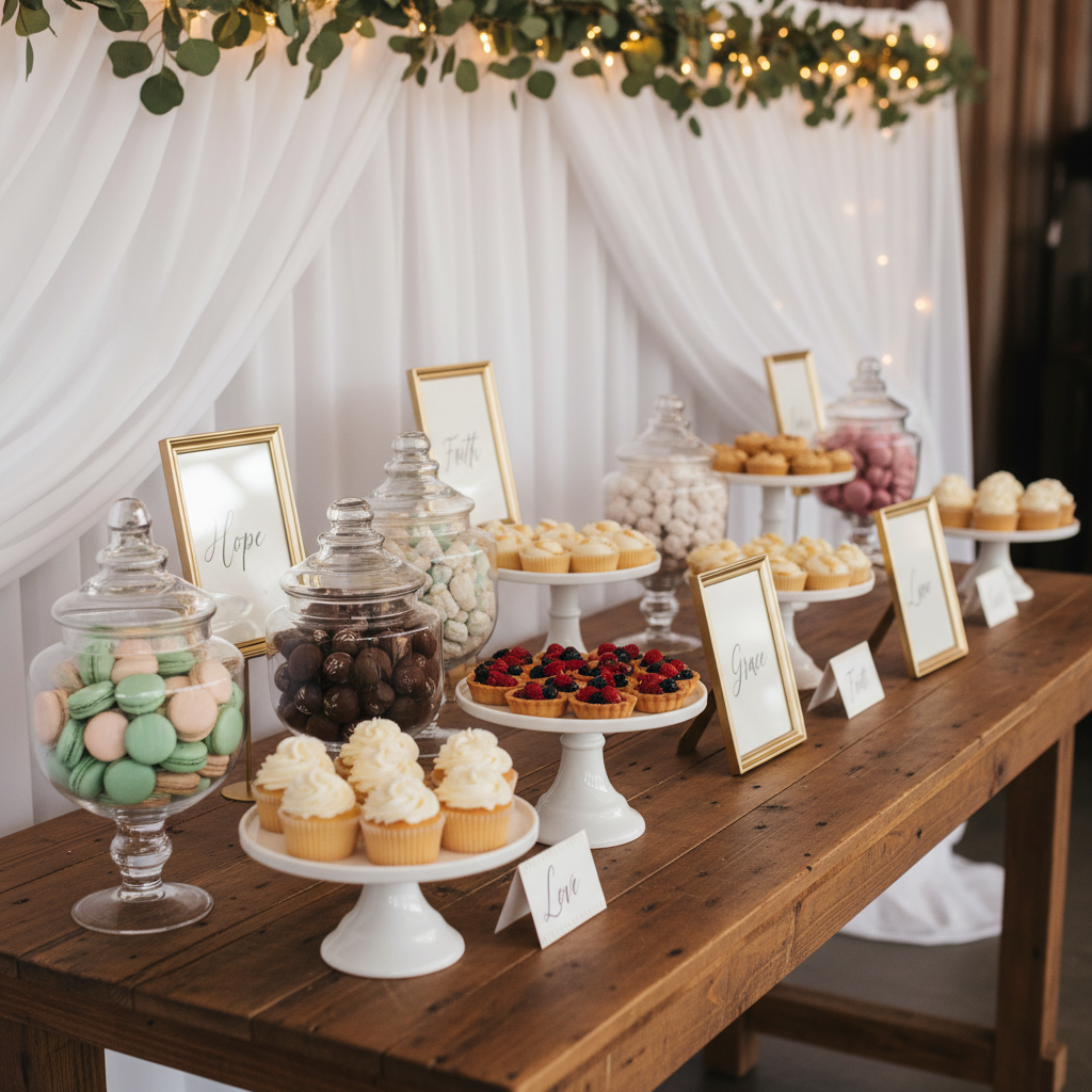 A tastefully decorated dessert display set on a long reclaimed wood buffet table, its grain rich and slightly weathered, adorned with white ceramic cake stands and glass apothecary jars filled with neatly arranged candies and baked goods. Subtle signage printed on textured cardstock sits in slender gold frames, echoing a refined, faith-inspired celebration with words like “Hope” and “Grace.” The backdrop features a soft white drape with a simple greenery garland. Warm string lights overhead cast a gentle golden glow, creating soft highlights on the glass and metallic accents. Captured from a slightly elevated angle with a moderate depth of field, the composition leads the eye along the length of the display, evoking a joyful yet reverent atmosphere in a realistic, professional photographic style.