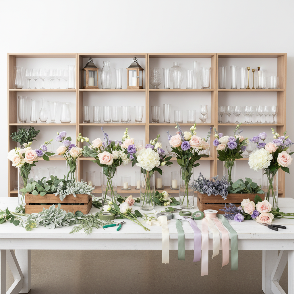 A carefully styled centerpiece workshop scene, arranged without any visible people, featuring a long white table scattered with tools of the trade: open bins of faux greenery, neatly bundled fresh florals, floral tape, wire cutters, and rolls of ribbon in coordinated colors. Several partially completed centerpieces in simple glass cylinders sit along the table, showcasing stages of design from bare greenery to full arrangements. The backdrop is a clean, professional studio space with organized shelving displaying vases, lanterns, and candle holders used for event rentals. Bright but diffused overhead lighting creates even illumination with soft, minimal shadows, emphasizing clarity and detail. Photographed from a slightly elevated angle with sharp focus, the image has a professional, educational tone in realistic photographic style, perfect for a blog teaching decor skills that support a nonprofit mission.