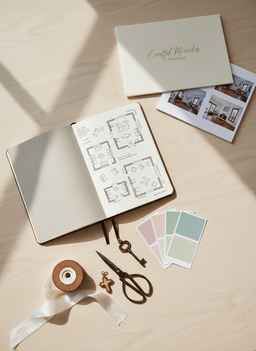 A meticulously arranged flat lay of event planning essentials spread across a smooth, pale wood tabletop: an open linen-bound notebook with neatly sketched floor plans, a set of color swatch cards in muted pastels, a pair of gold-handled scissors, a spool of ivory satin ribbon, and a small wooden cross charm resting beside a metal key. A subtle, branded folder labeled “Eventful Miracles of Albuquerque” sits partially open, revealing rental inventory photos. Soft, natural window light from the left washes over the scene, creating gentle shadows and emphasizing textures of paper, fabric, and metal. The composition is carefully balanced using the rule of thirds, shot from a perfect bird’s-eye view with sharp focus throughout, evoking a sense of organized creativity, purpose, and photographic realism.